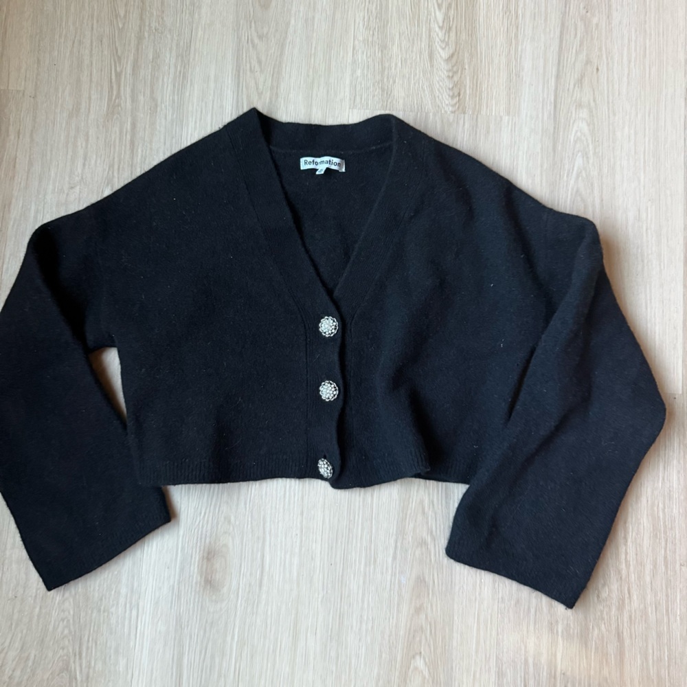 Reformation Val Regenerative Wool Embellished Button Cardigan Sz M Black - Picture 3 of 5